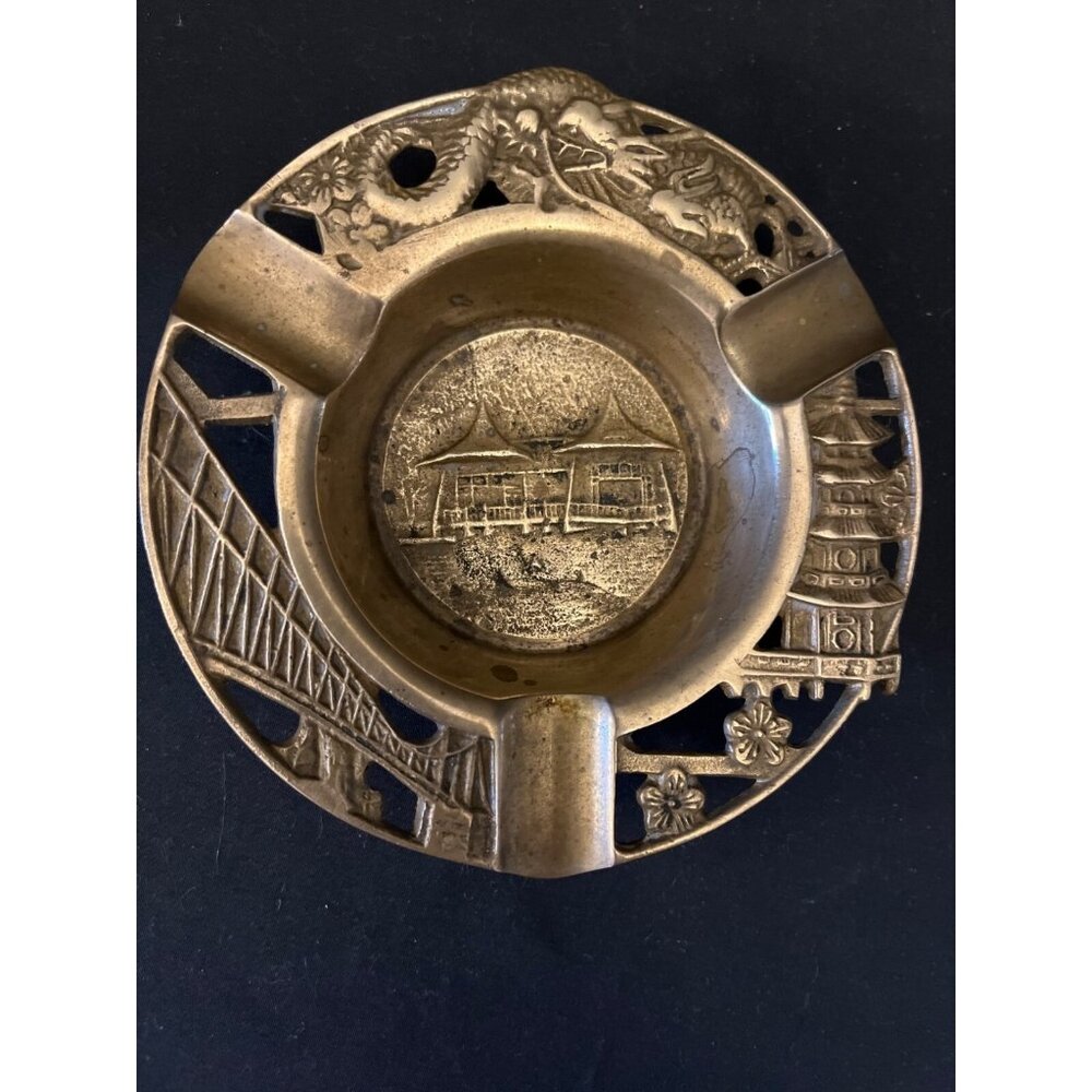 Antique Brass Chinese Dragon Ashtray